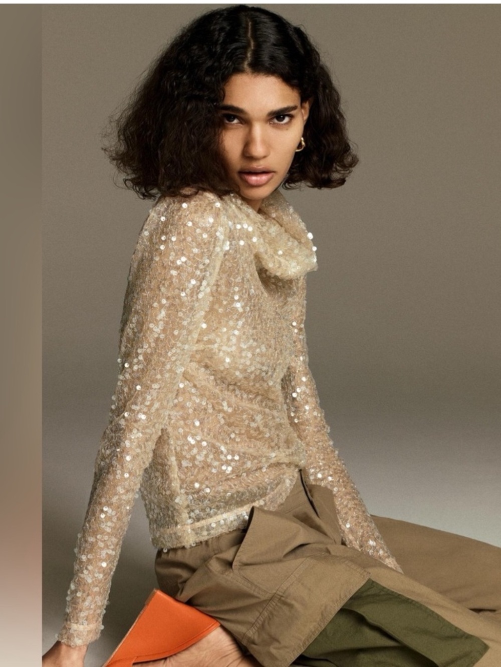 Sunday in Brooklyn Sequin stretchy cowlneck Long-Sleeve Top in Champagne gold M